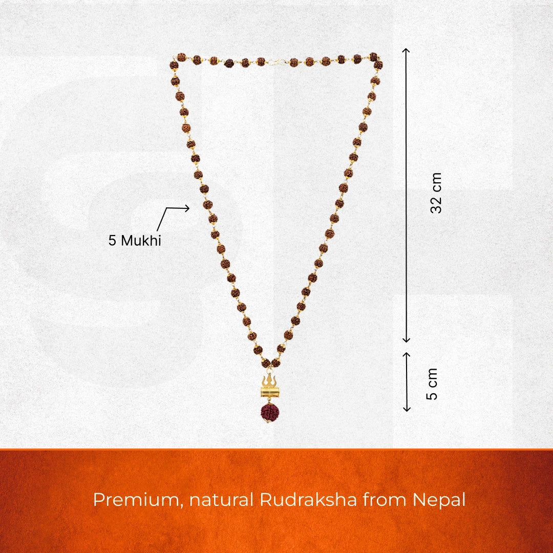 Gold-Plated Shiva Damru Trishul Rudraksha Chain Necklace - Image 3