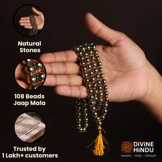 Golden Pyrite Stone Necklace 108 Beads Mala - Image 3