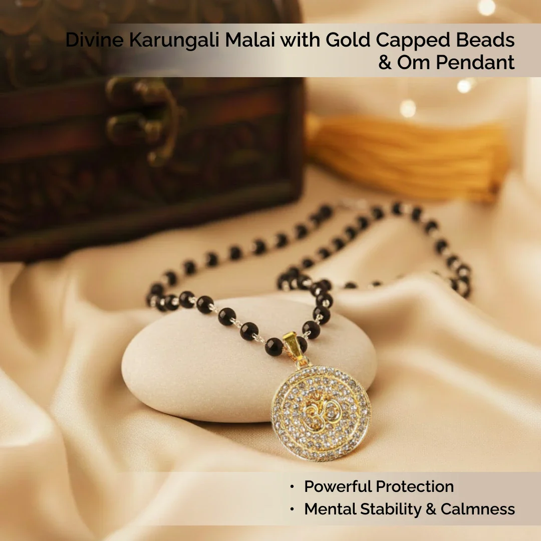 Divine Karungali Malai with Gold Capped Beads & Om Pendant - Image 3