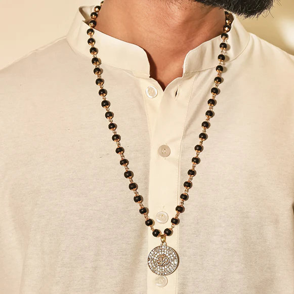 Divine Karungali Malai with Gold Capped Beads & Om Pendant - Image 5