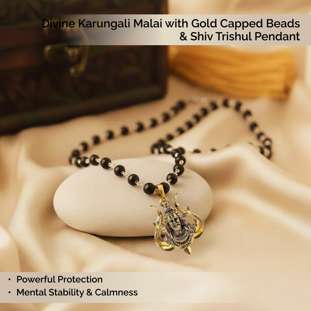 Divine Karungali Malai with Gold Capped Beads & Shiv Trishul Pendant - Image 3