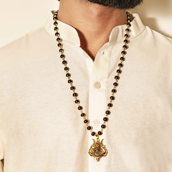 Divine Karungali Malai with Gold Capped Beads & Shiv Trishul Pendant - Image 5