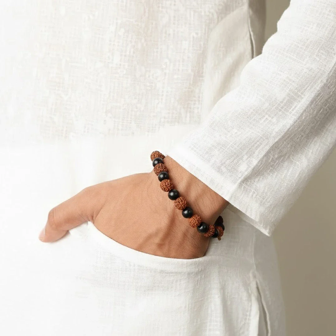Karungali Rudraksha Bracelet - Natural Ebony Wood & 5 Mukhi Rudraksha Beads - Image 4