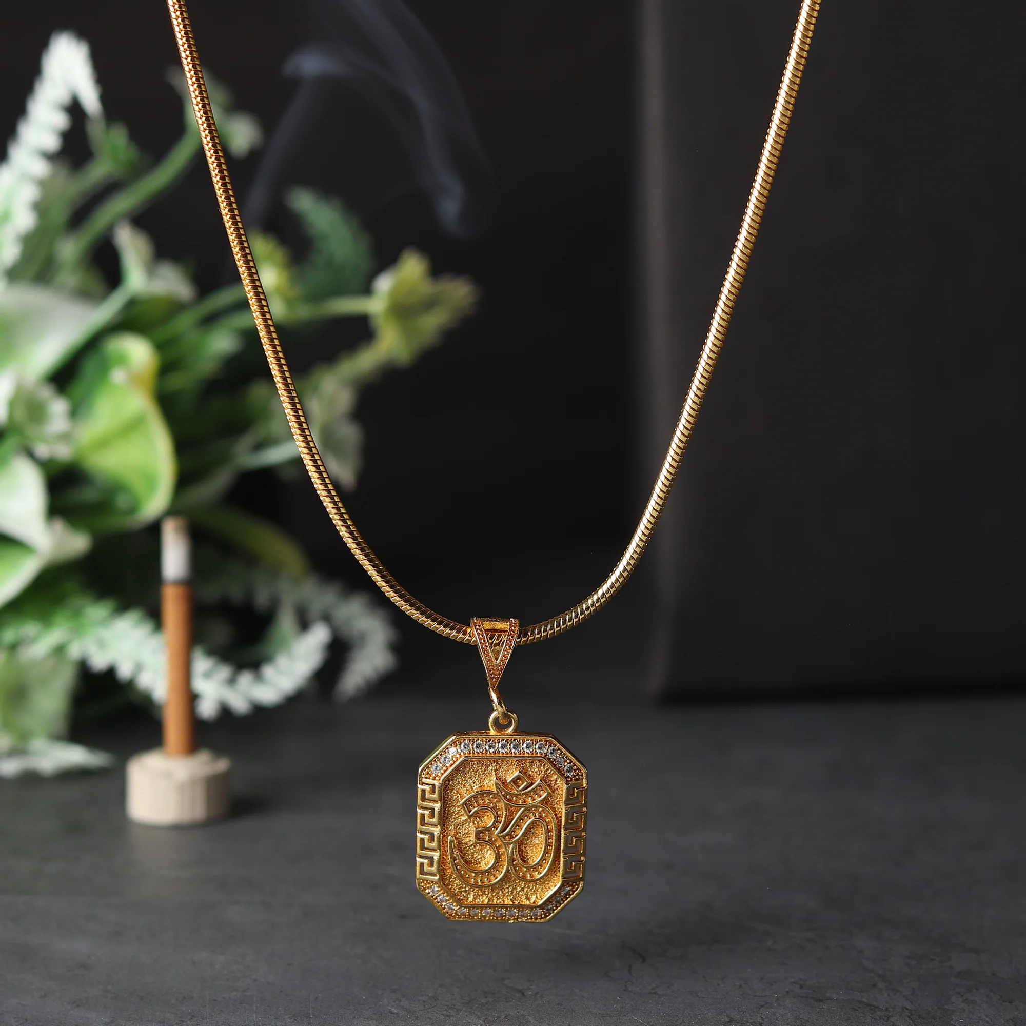 Gold Plated OM Diamond Pendant Necklace - Image 7