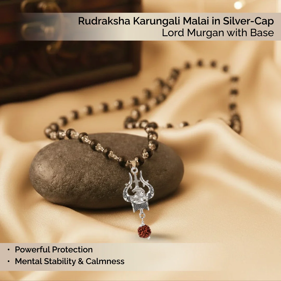 Rudraksha Karungali Mala in Silver-Cap with Shiv Trishul & Rudraksha Pendant - Image 3