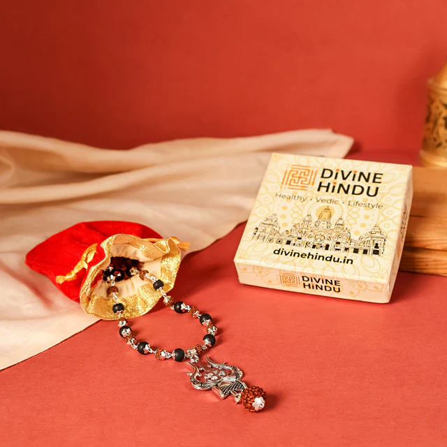 Rudraksha Karungali Mala in Silver-Cap with Shiv Trishul & Rudraksha Pendant - Image 5