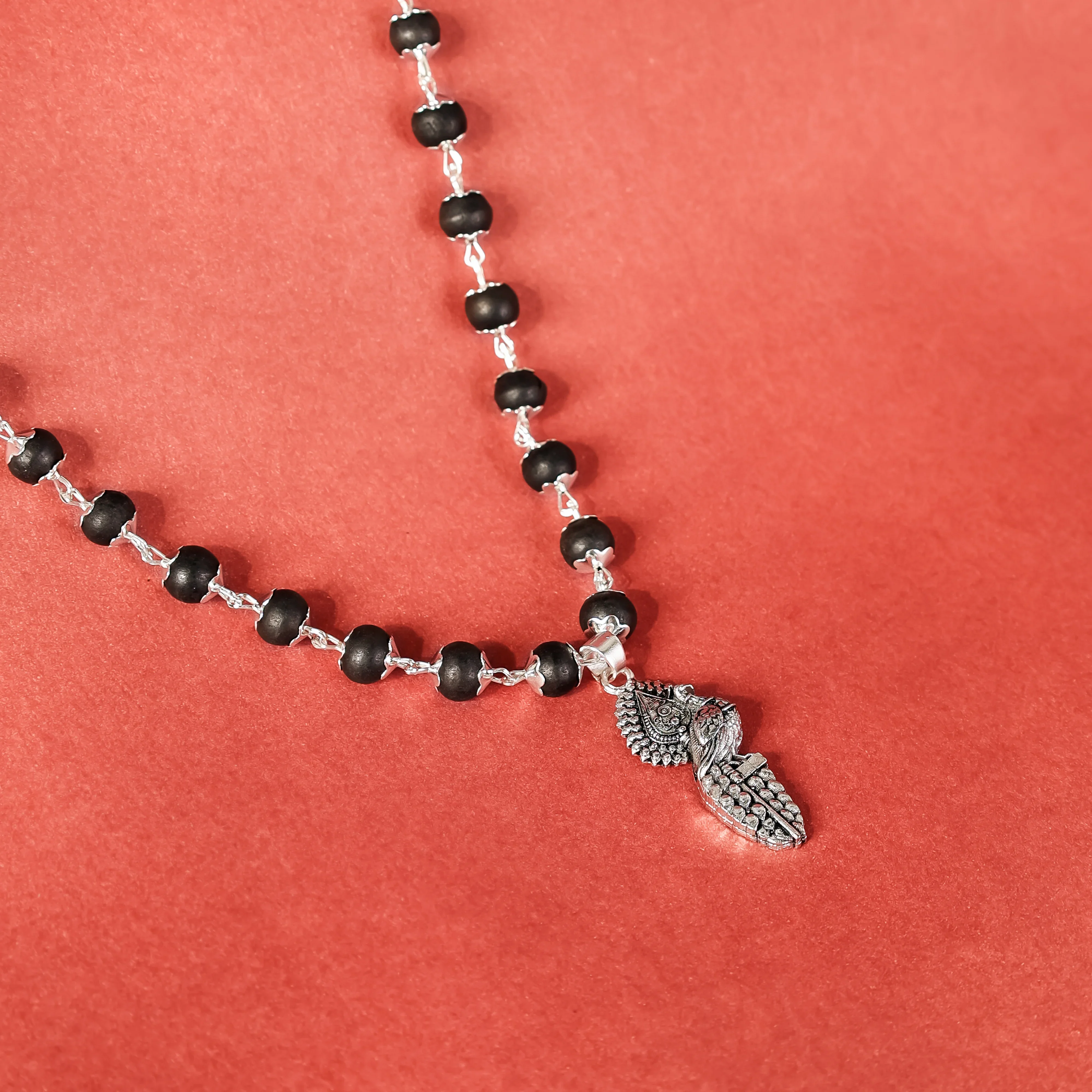 Silver Cap Karungali Mala with Vel Peacock Pendant - Image 4