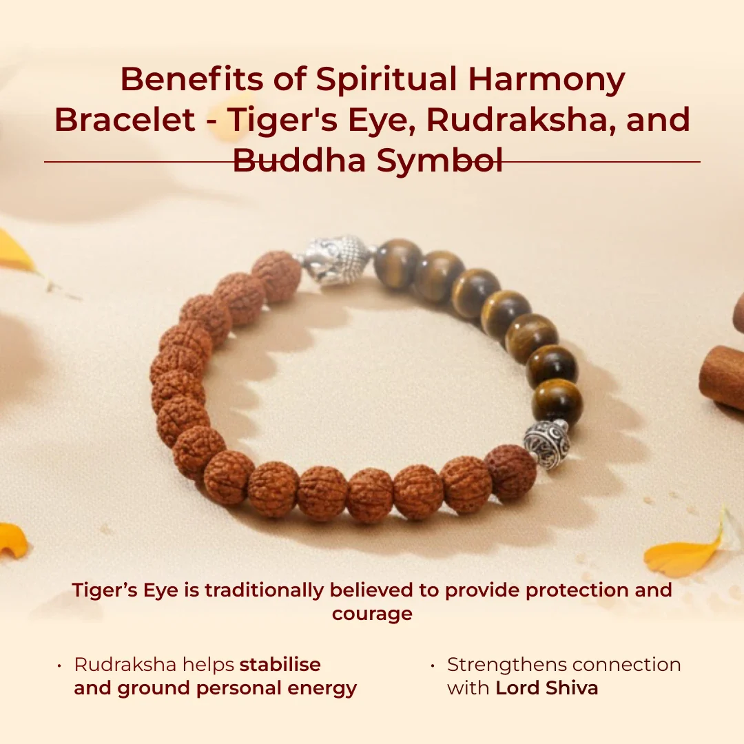 Spiritual Harmony Bracelet - Tiger's Eye, Rudraksha, and Buddha Symbol - Image 3